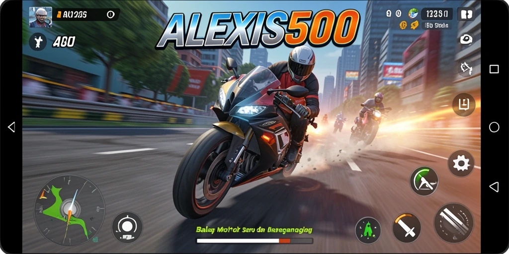 Tampilan screenshot utama ALEXIS500 yang menunjukkan balapan motor yang mendebarkan.