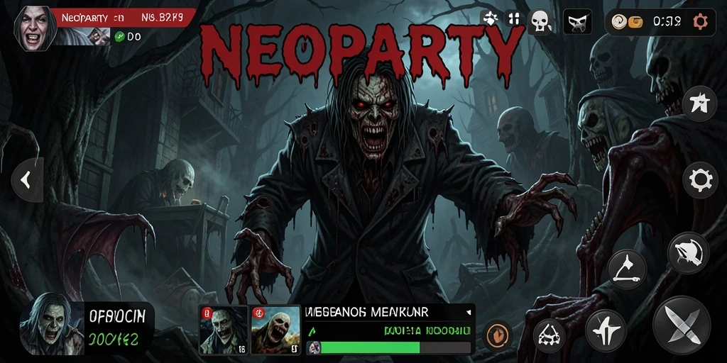 Screenshot gameplay NEOPARTY yang menampilkan suasana kelam dan menegangkan.