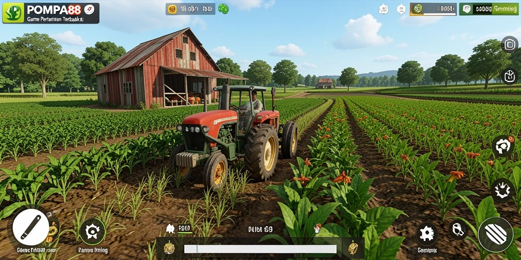 Screenshot gameplay POMPA88 menampilkan ladang pertanian yang subur dan interaksi dengan hewan.