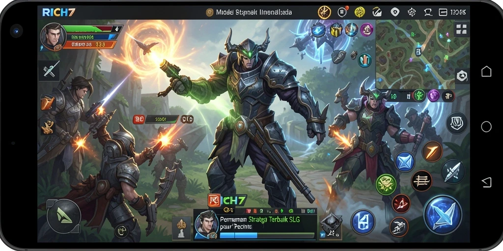 Tangkapan layar gameplay RICH7 yang menampilkan dinamis dan strategi SLG.