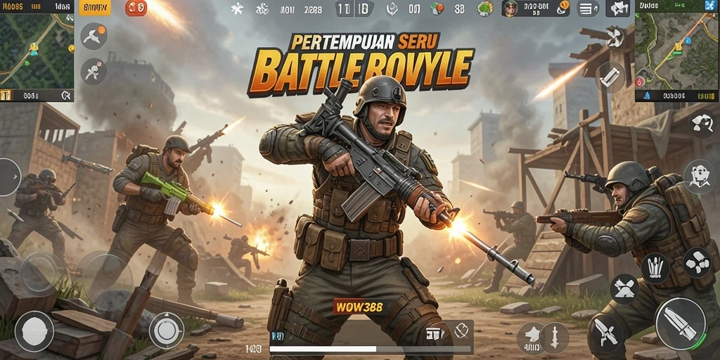 Screenshot dari WOW388 menampilkan aksi pertempuran intens di medan Battle Royale.